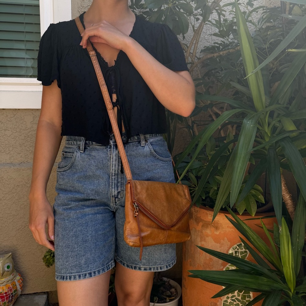 Caramel HOBO Crossbody Leather Bag with Fold-Over Flap and Adjustable Strap - Picture 5 of 13